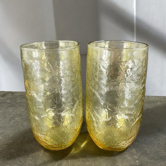 Anchor Hocking Sherwood Amber Glass Leaf Textured Glasses Vintage Glassware Set2 - Picture 1 of 12